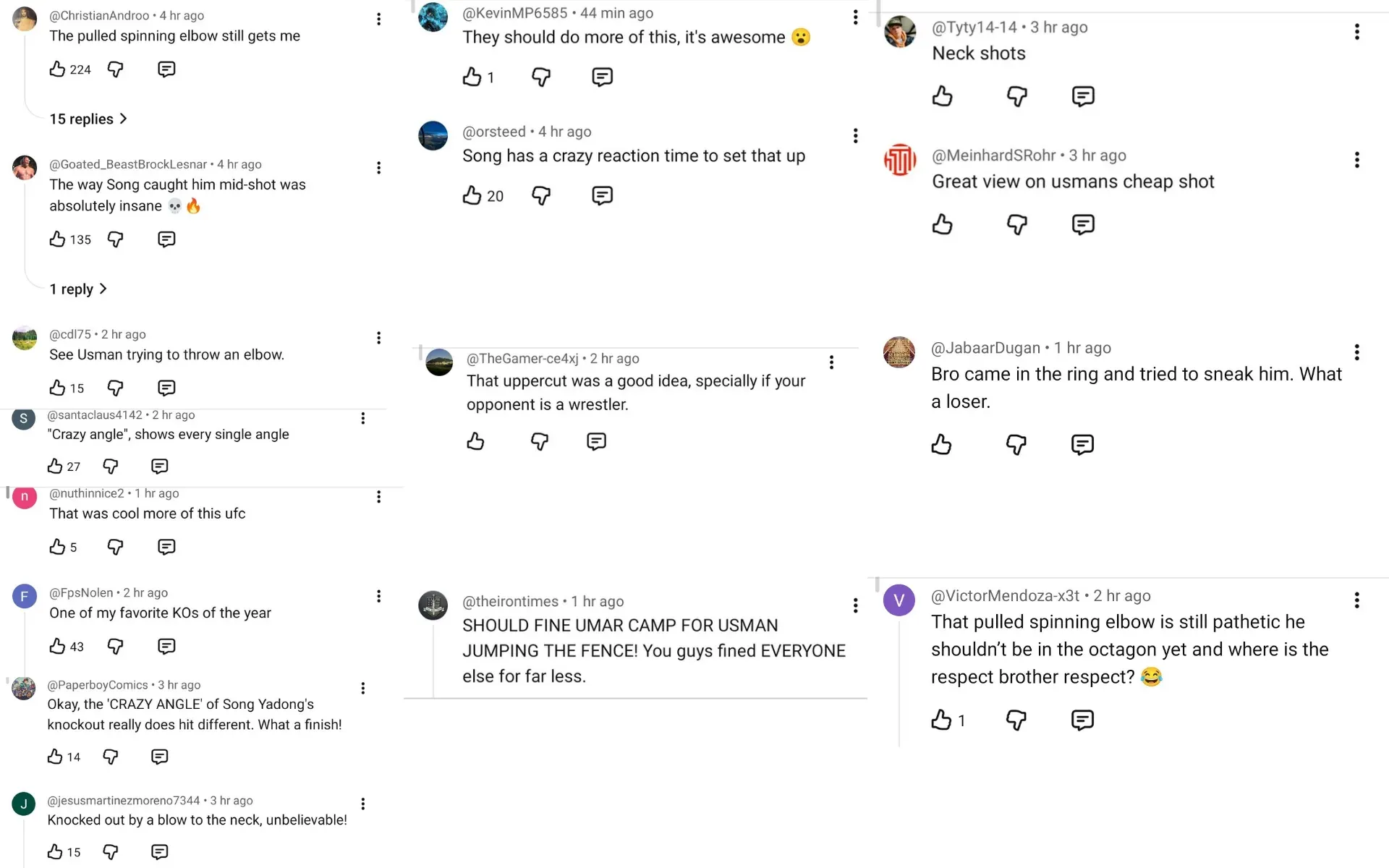 Screengrabs of fan reactions to Song Yadong KO of Umar Nurmagomedov